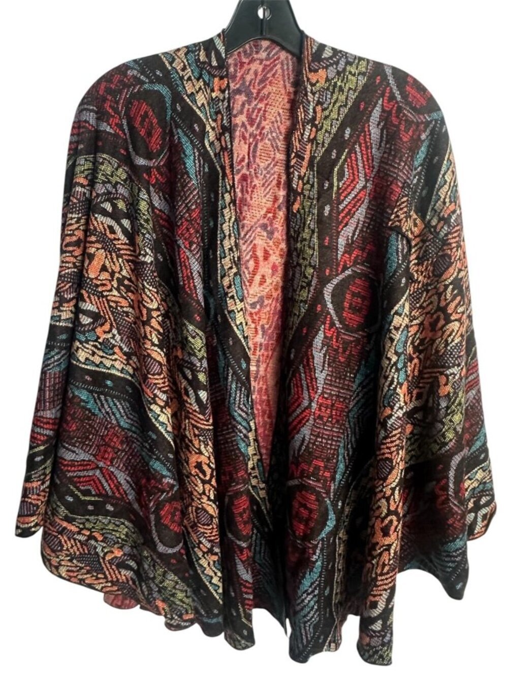100% Cashmere Southwestern Aztec Boho Knit Open Front Cape Poncho Wrap Cardigan